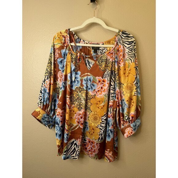 JM Collection Women's Blouse Size‎ large Brown Floral long sleeve polyester - Picture 2 of 7